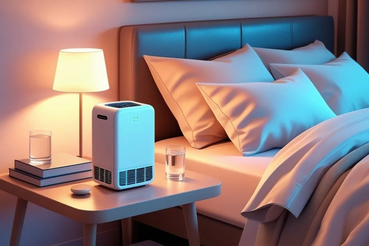 Humidifier placed beside the bed to improve bedroom air quality and support better sleep for people with asthma