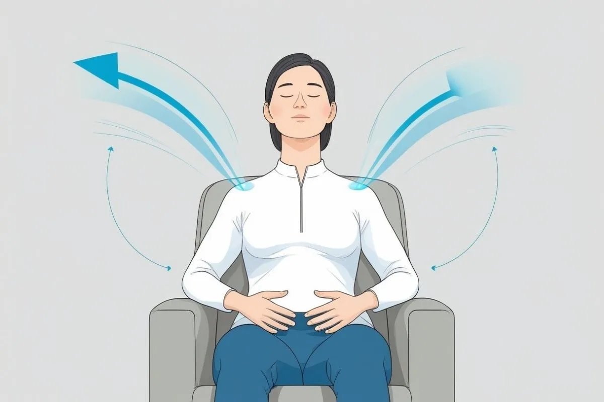 Person practicing deep breathing exercises before bedtime to relax the airways and improve sleep with asthma