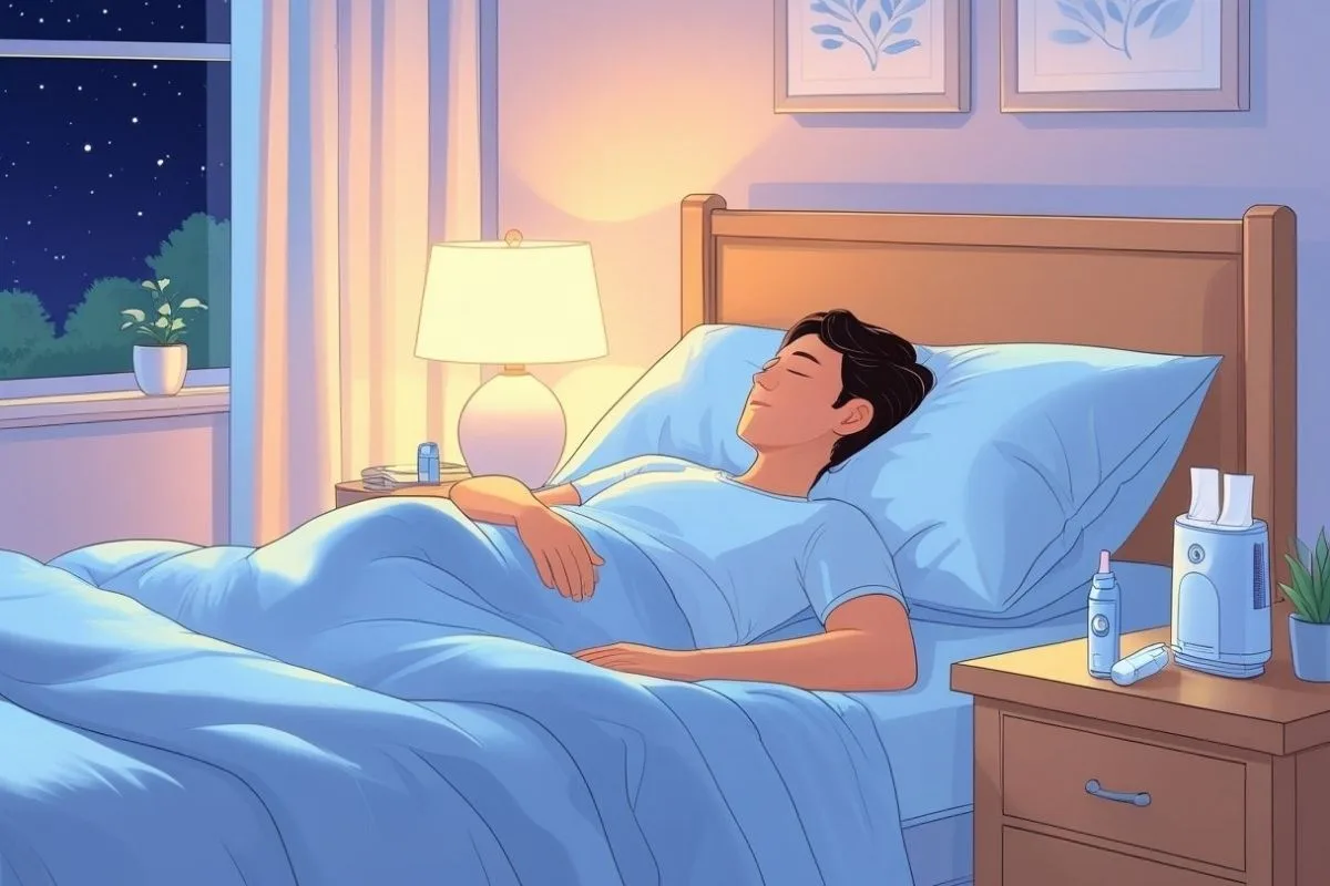 Person sleeping comfortably on their back with asthma-friendly bedroom essentials for better nighttime breathing