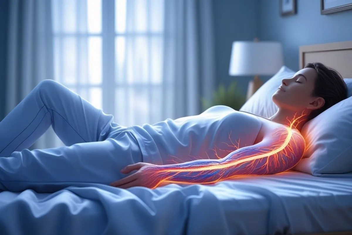 Best Sleeping Position for Peripheral Artery Disease: How to Improve Circulation? Person lying on their back with highlighted blood vessels, demonstrating how proper sleep positioning may support circulation with peripheral artery disease