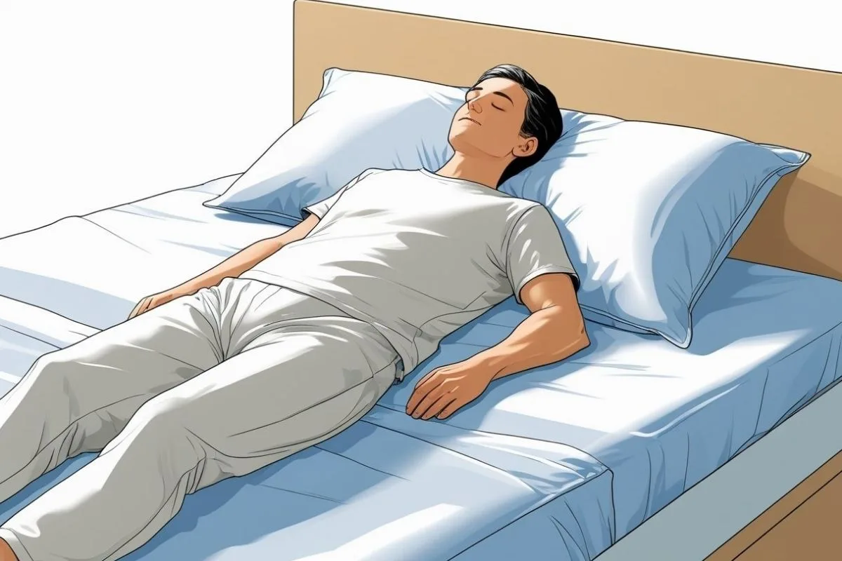 Best Sleeping Position for Peripheral Artery Disease: How to Improve Circulation? Person sleeping flat on a supportive mattress, illustrating a neutral sleep posture recommended for peripheral artery disease