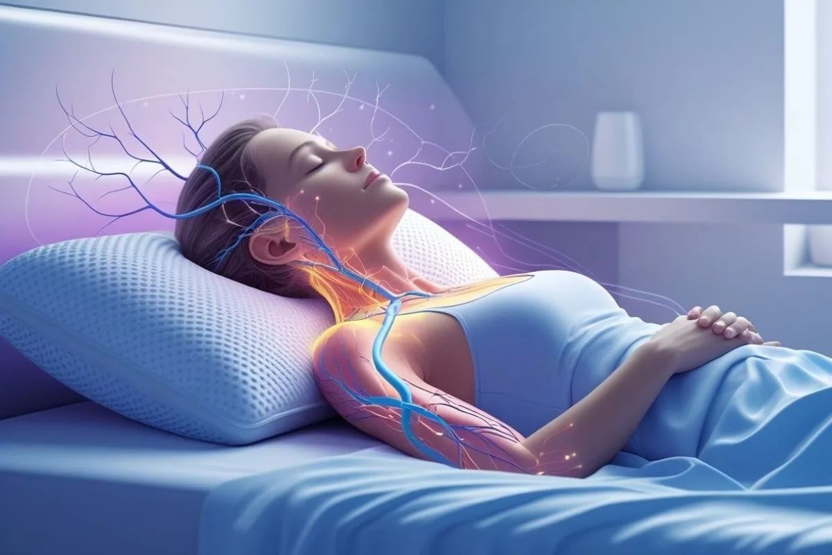 Best Sleeping Position for Peripheral Artery Disease: How to Improve Circulation? Illustration highlighting improved blood circulation through proper neck, shoulder, and arm alignment during sleep for peripheral artery disease
