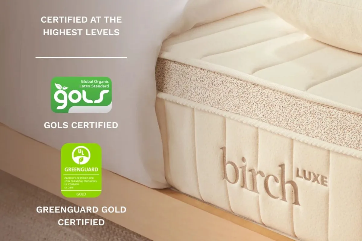 Birch Luxe Natural Mattress displaying GOLS and GREENGUARD Gold certifications for safe, low-emission organic materials