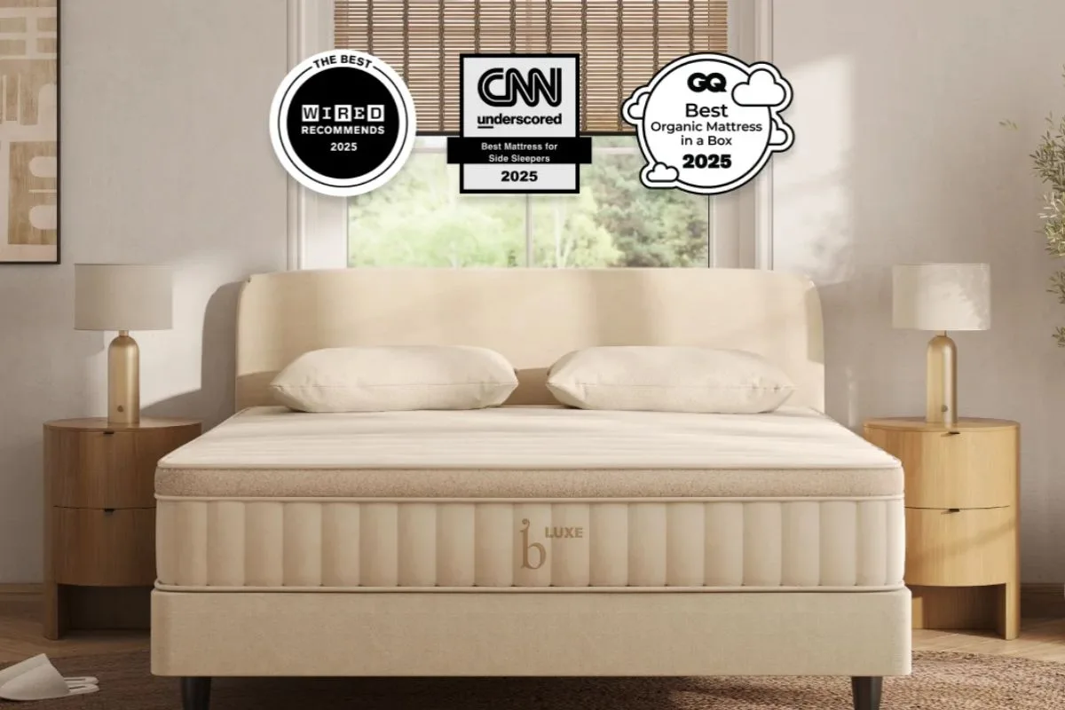 Birch Luxe Natural Mattress displayed in a bedroom with industry awards emphasizing its trusted performance and what to expect during the sleep trial