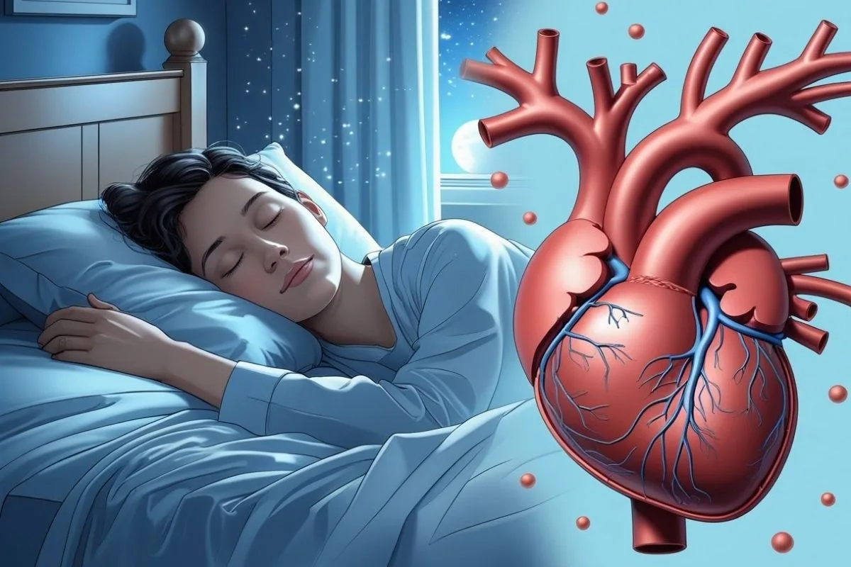 Healthy sleep supporting heart health and cholesterol regulation with an illustration of the cardiovascular system