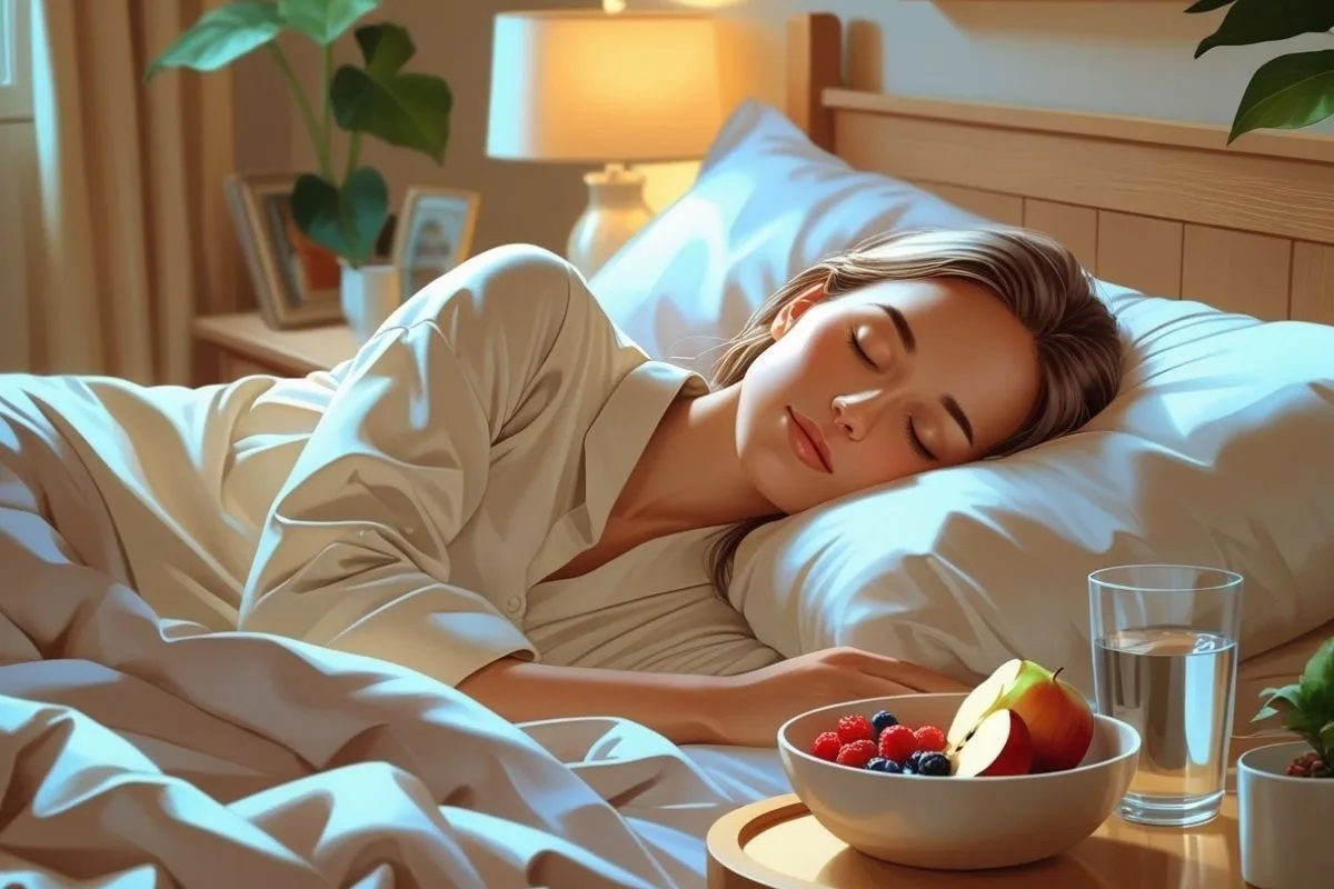 Diet and Sleep: How Nutrition Impacts Your Sleep Illustration showing nutritious evening snacks and water as part of a sleep-friendly diet