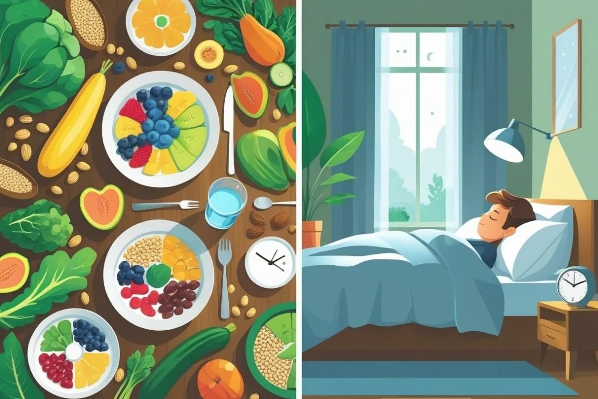 Diet and Sleep: How Nutrition Impacts Your Sleep Illustration of a balanced diet rich in fruits, vegetables, and whole foods promoting healthy sleep