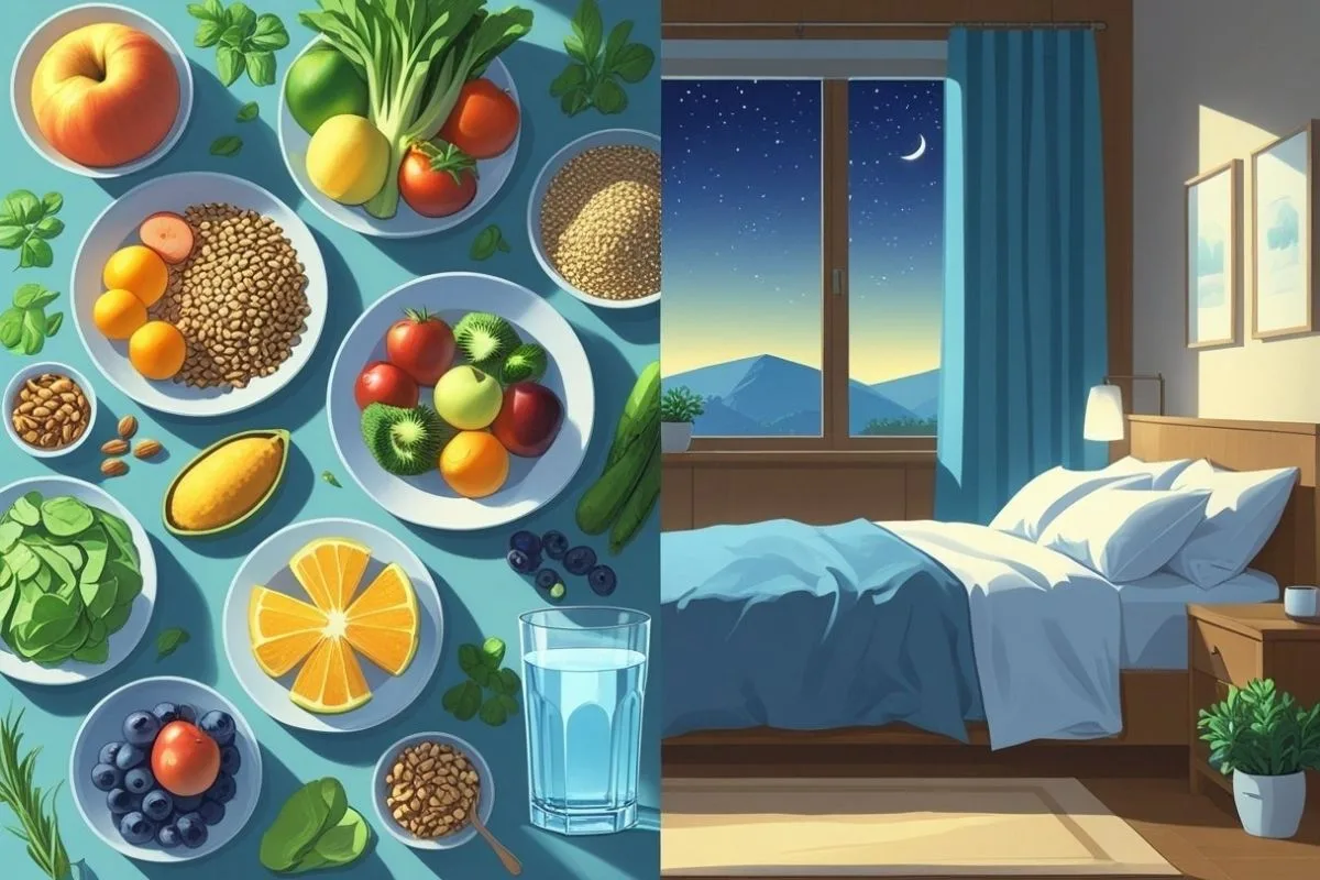 Diet and Sleep: How Nutrition Impacts Your Sleep Illustration comparing nutrient-rich meals with a calm bedtime environment for better sleep quality