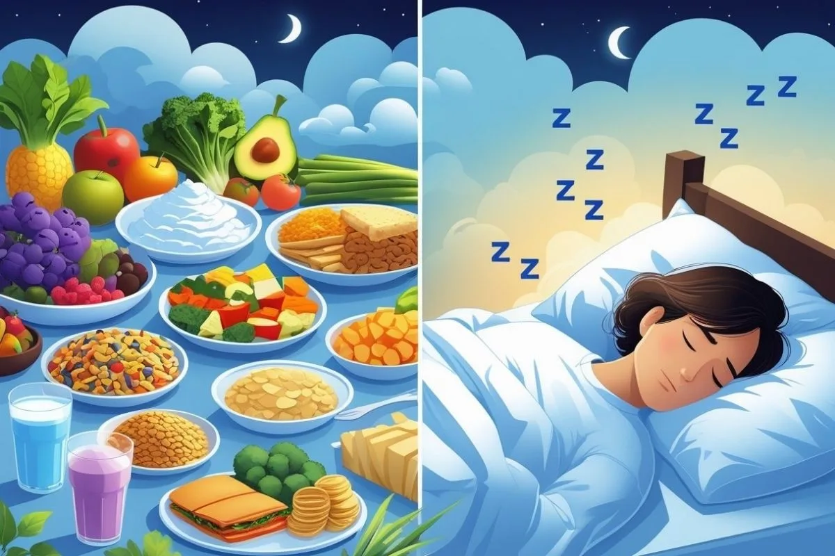 Diet and Sleep: How Nutrition Impacts Your Sleep Illustration showing healthy foods that support sleep alongside a person enjoying restful sleep