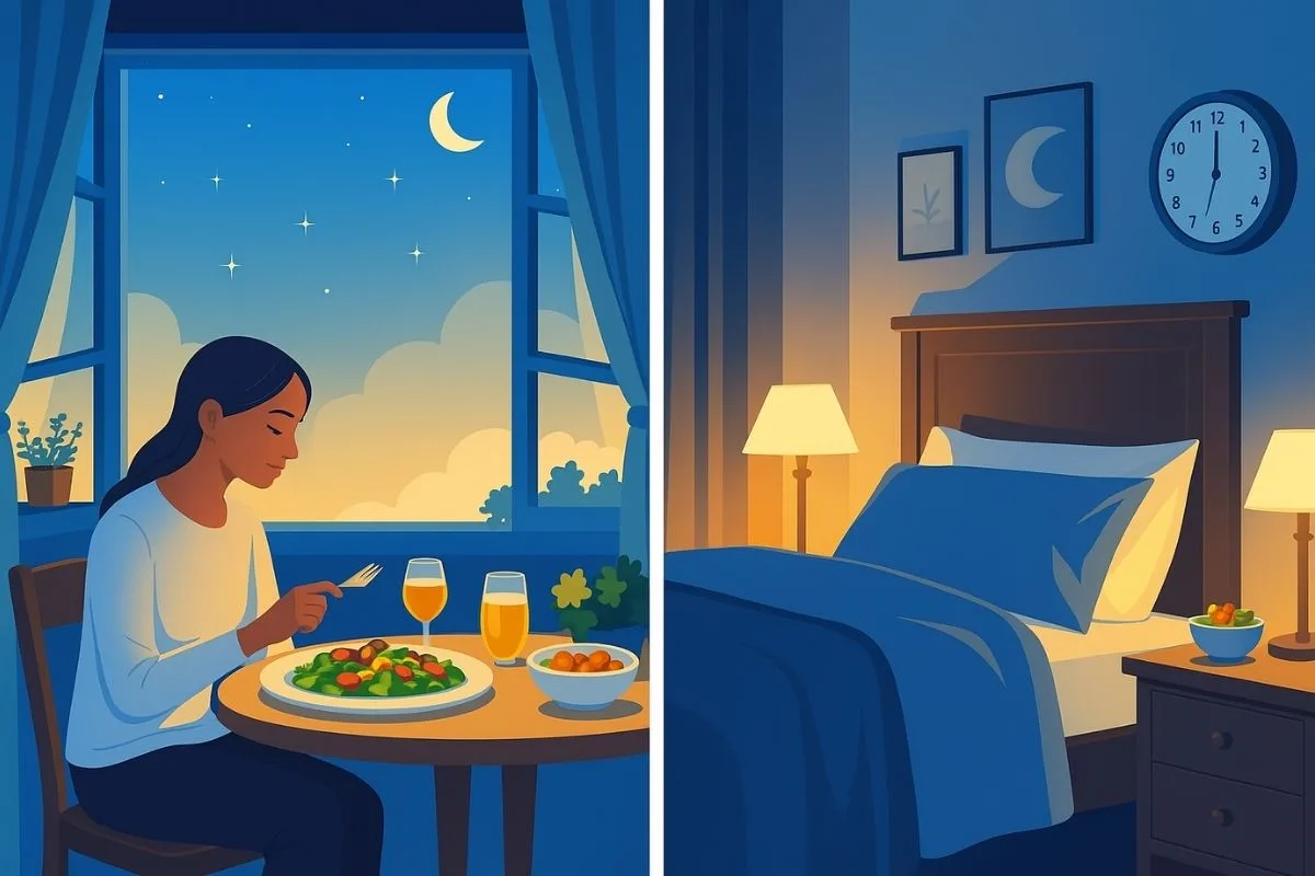 Diet and Sleep: How Nutrition Impacts Your Sleep Illustration of eating a light evening meal to encourage better sleep and overnight recovery