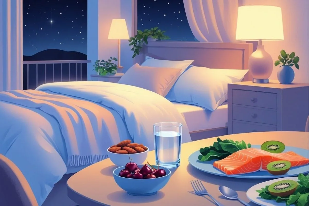 Diet and Sleep: How Nutrition Impacts Your Sleep Illustration of sleep-friendly foods like salmon, cherries, almonds, and kiwi prepared as a healthy bedtime meal