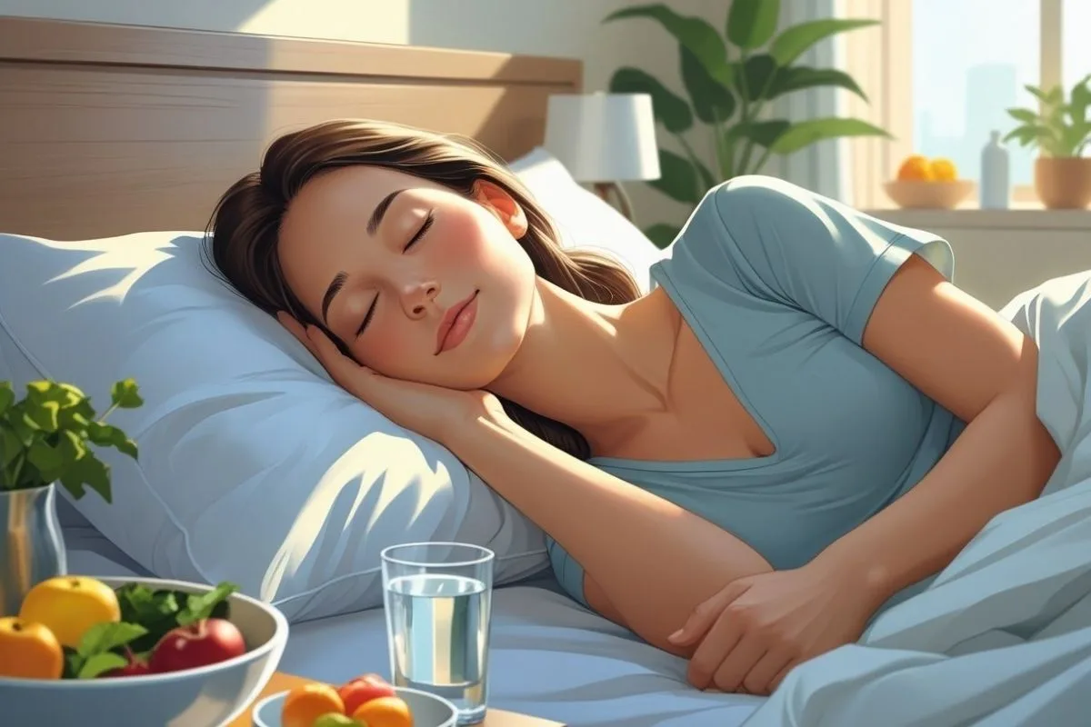 Illustration of healthy eating and hydration habits supporting deeper, more restful sleep