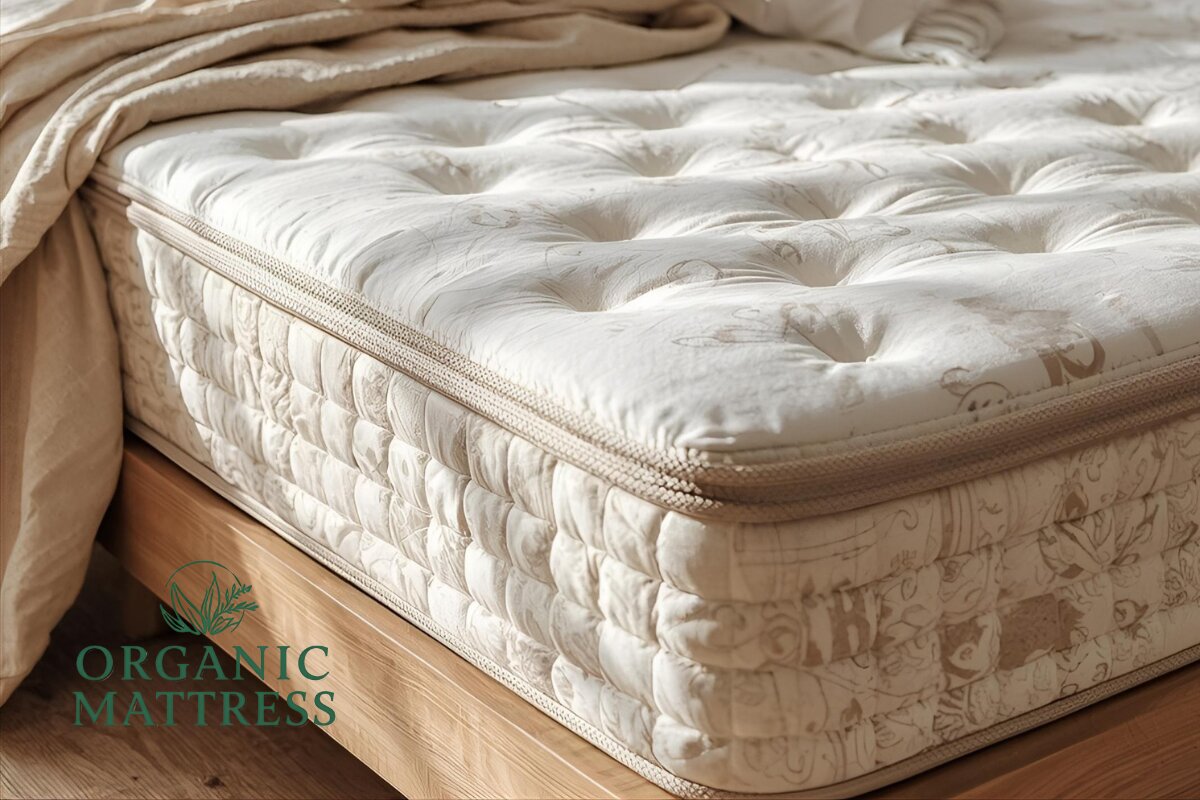 A close up of a mattress with an organic mattress tag.