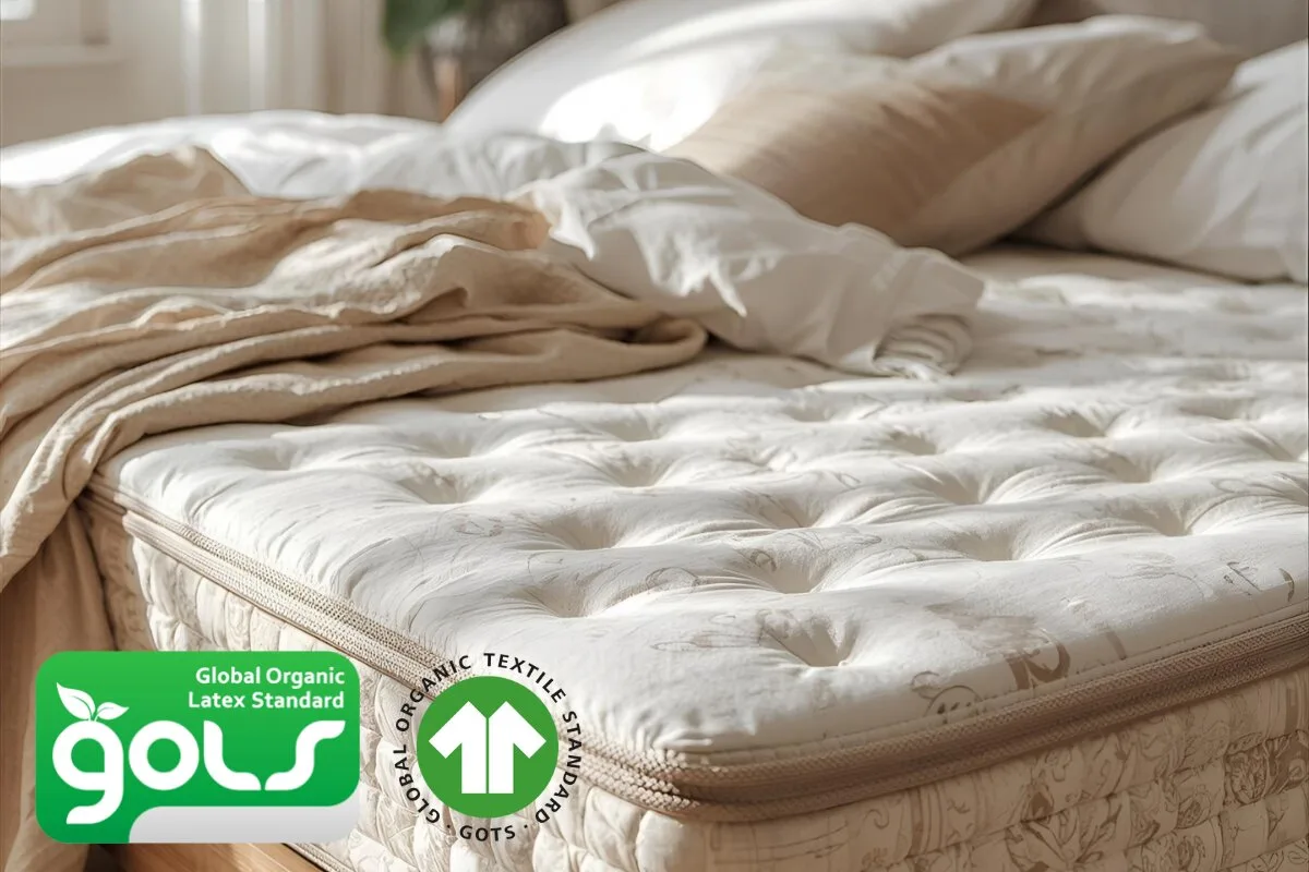 Do Organic Mattresses Off Gas? A close up of a mattress with the covers on top with a GOLS and GOTS tag.
