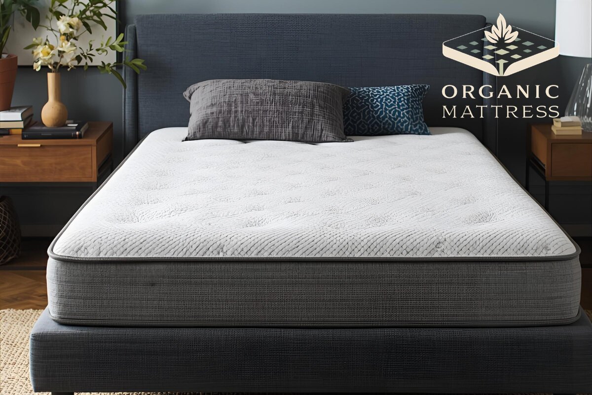 A front view of a bed with an organic tag.