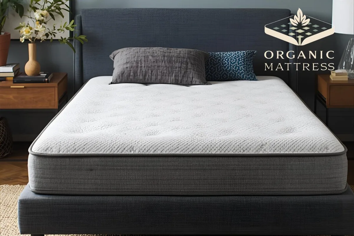 A front view of a bed with an organic tag.