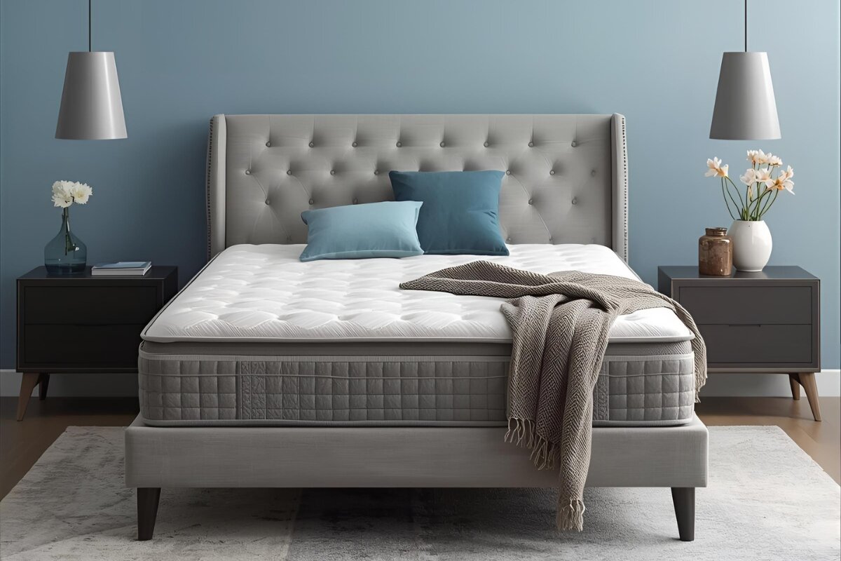 A bed in a teal room.