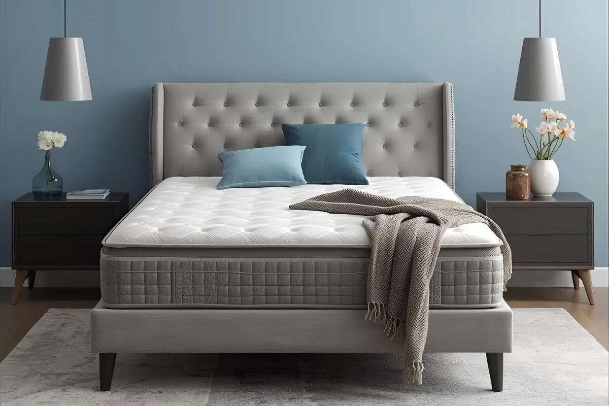 How Do Adjustable Firmness Mattresses Work? A bed in a teal room.