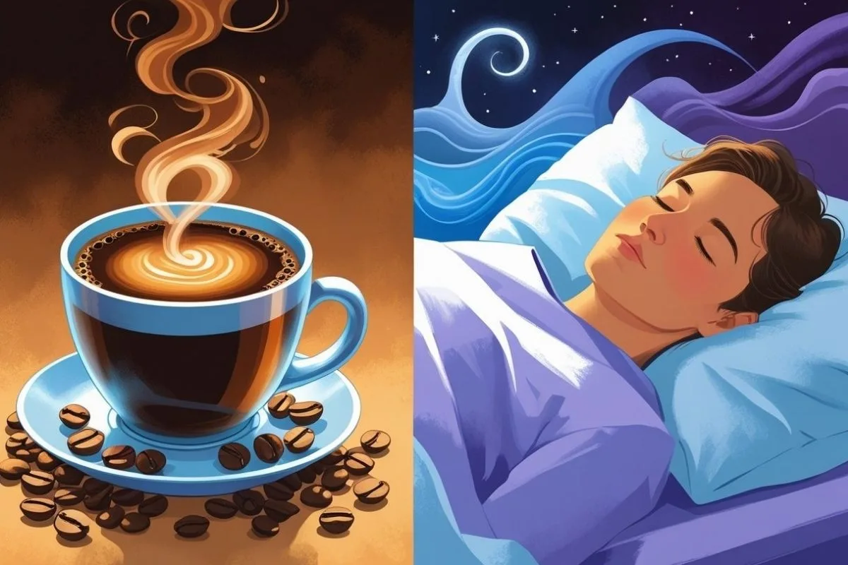 Comparison of drinking coffee and restful sleep, illustrating how caffeine timing affects sleep quality
