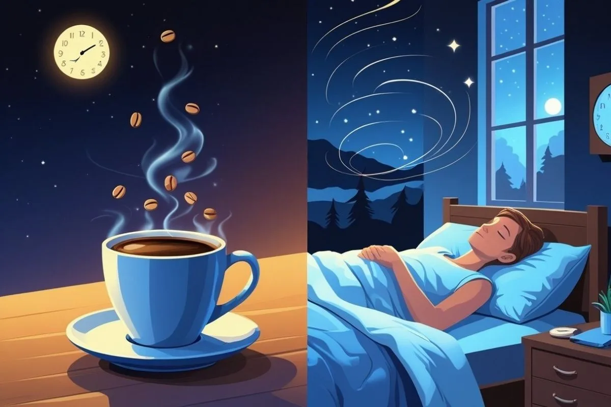 Illustration showing caffeine consumed late in the day compared with uninterrupted nighttime sleep