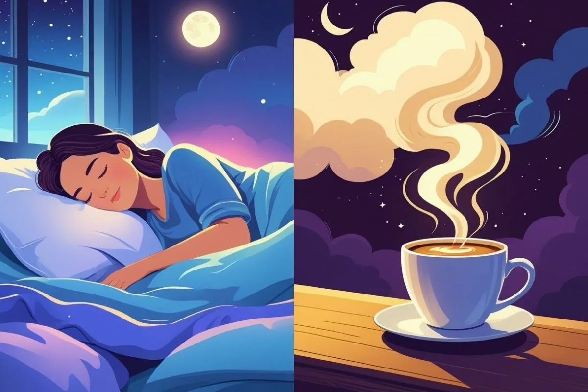 Side-by-side image of restful sleep and a steaming coffee cup highlighting the relationship between caffeine and sleep
