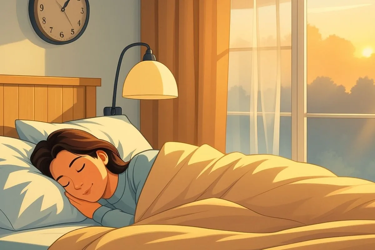 Peaceful morning sleep after caffeine has worn off, showing healthy sleep quality and natural wake time