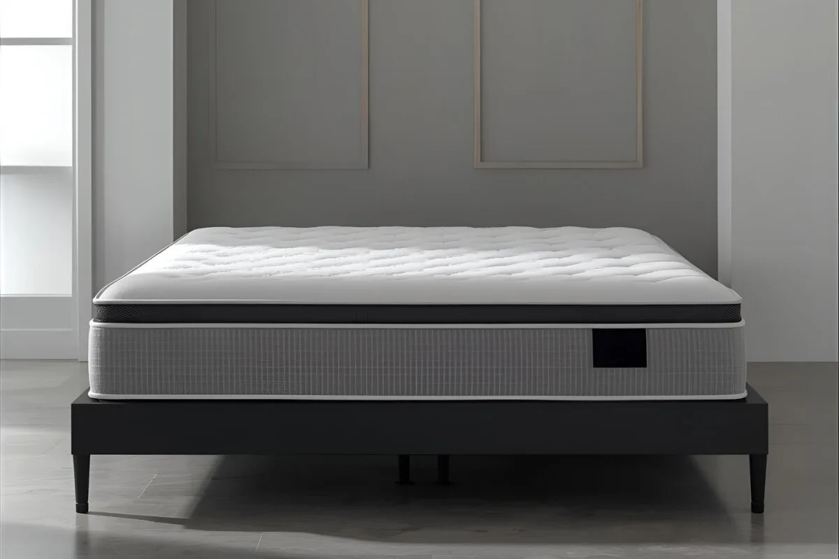 a mattress in a gray room.