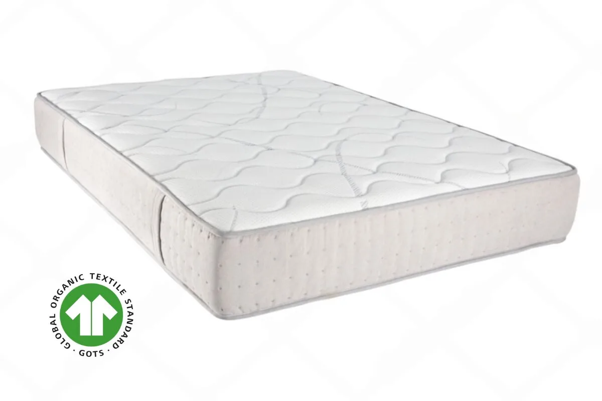 How Much Is an Organic Mattress? A plain mattress in a white background with a GOTS certification.