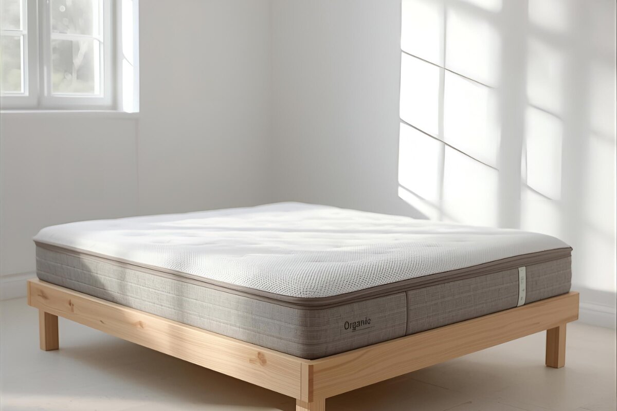 A bed in a well lit room.
