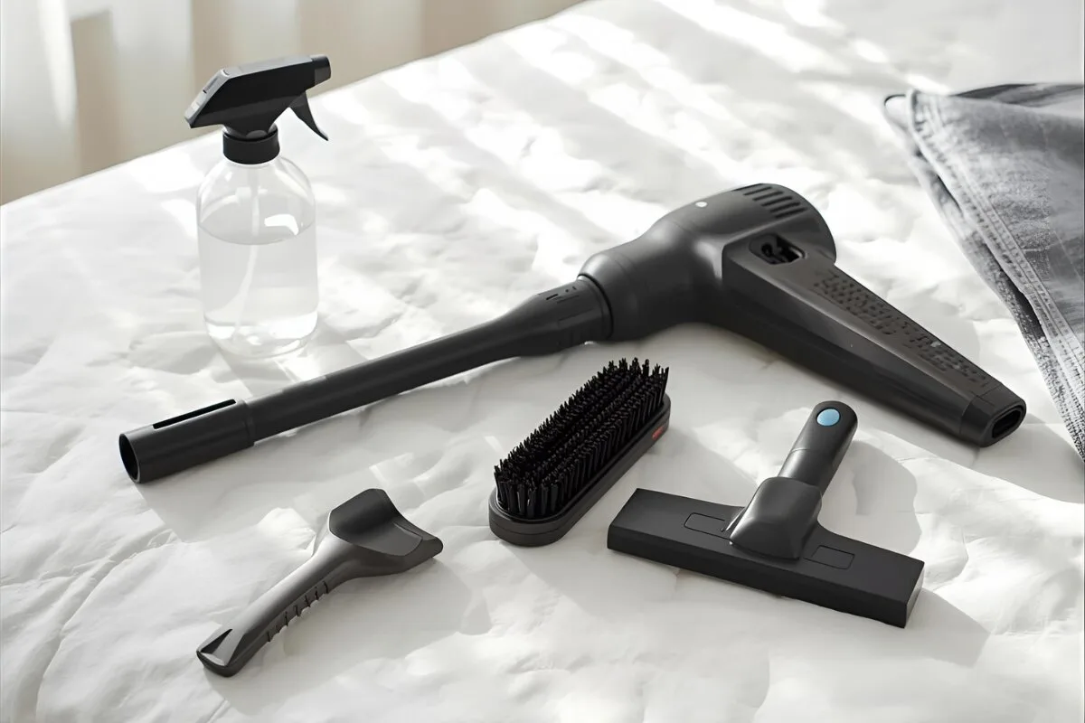 How to Clean a Latex Hybrid Mattres? Cleaning tools on a bed.