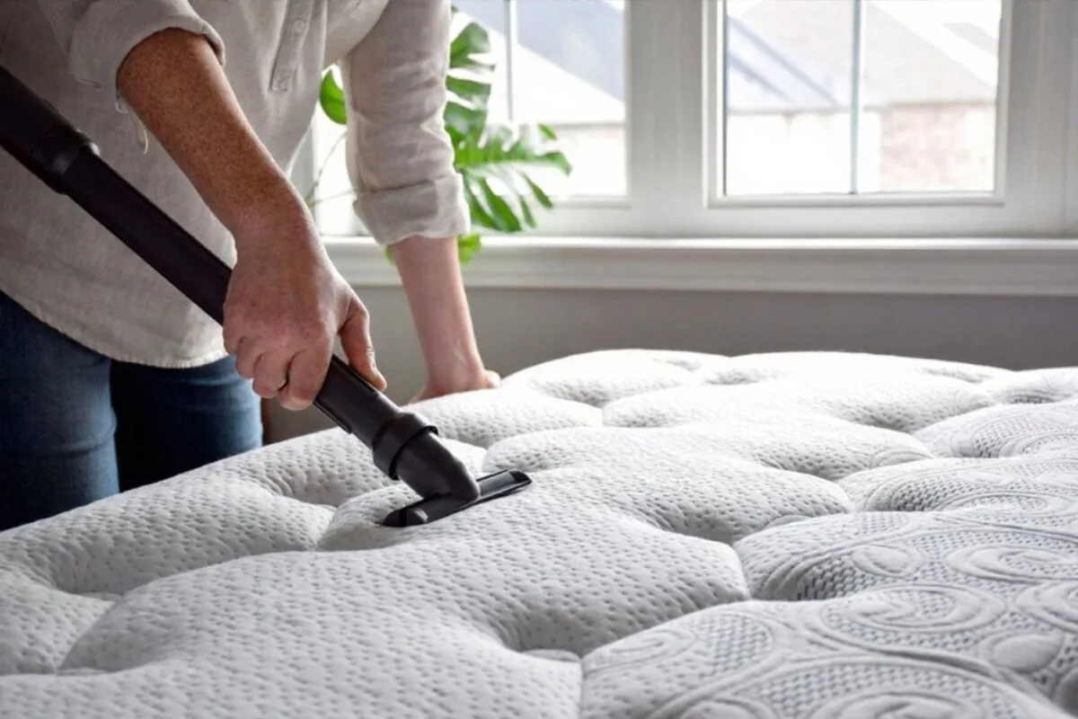 A person vacuuming a mattress.