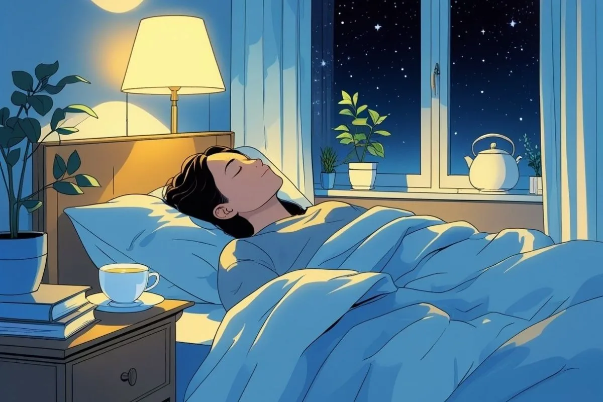 Person peacefully sleeping in a calm bedroom after clearing their mind with a relaxing bedtime routine