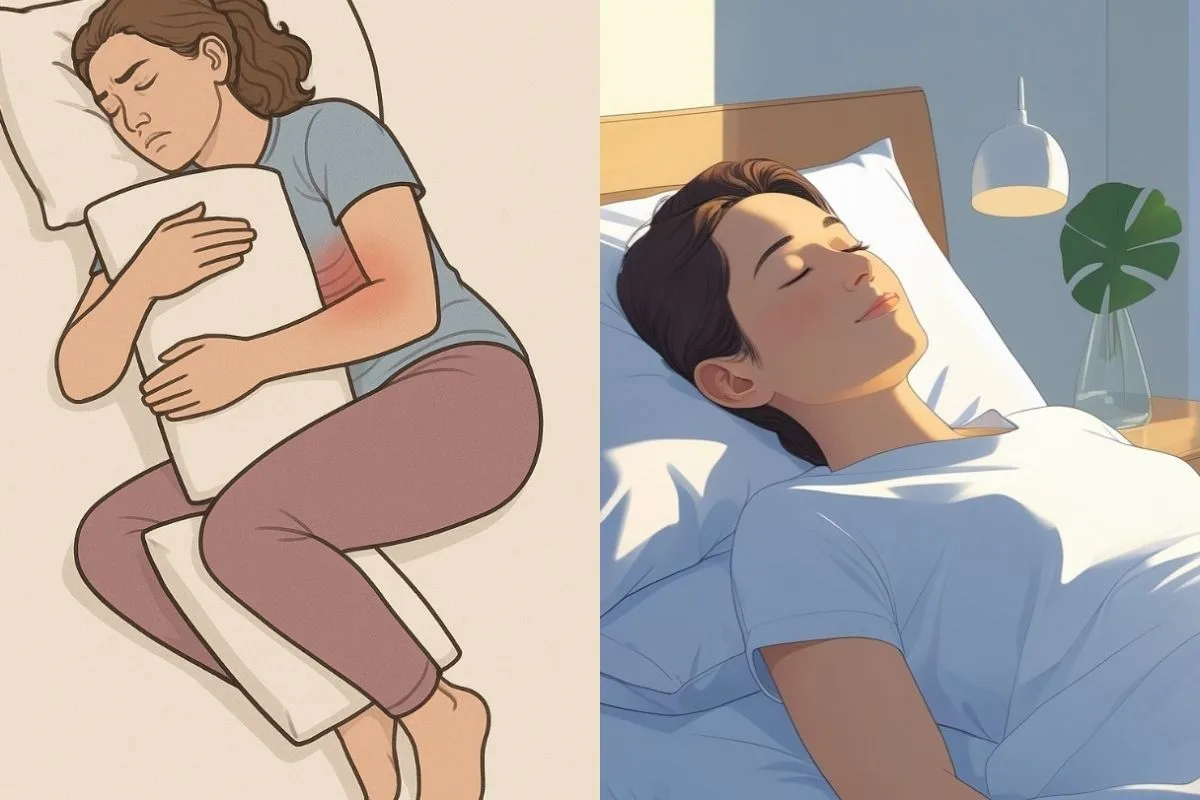 How to Sleep with Broken Ribs: Effective Positions & Tips Comparison of side sleeping with pillow support and back sleeping to show comfortable positions for sleeping with broken ribs
