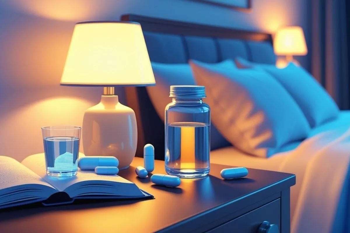 how-to-sleep-How to Sleep with Broken Ribs: Effective Positions & Tipswith-broken-ribs-5 Nightstand with water, medication, and a bedside lamp highlighting bedtime pain management tips for sleeping with broken ribs