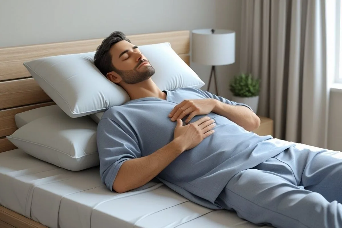 Person sleeping in a slightly elevated position with pillows supporting the upper body to reduce pain from broken ribs