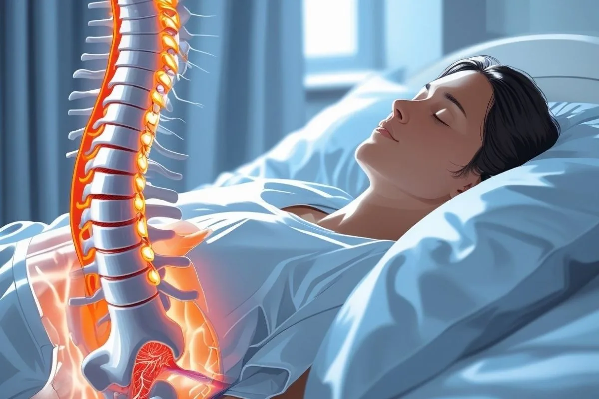How to Sleep with Spinal Stenosis: Best Positions & Tips Illustration showing proper spinal alignment while sleeping to reduce pressure from spinal stenosis