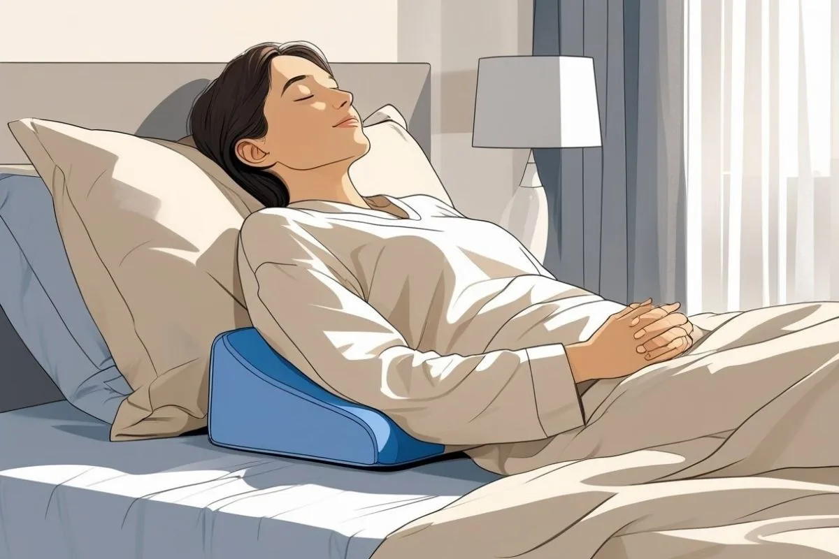 How to Sleep with Spinal Stenosis: Best Positions & Tips Sleeper resting on a wedge pillow to promote a comfortable sleep position for spinal stenosis relief