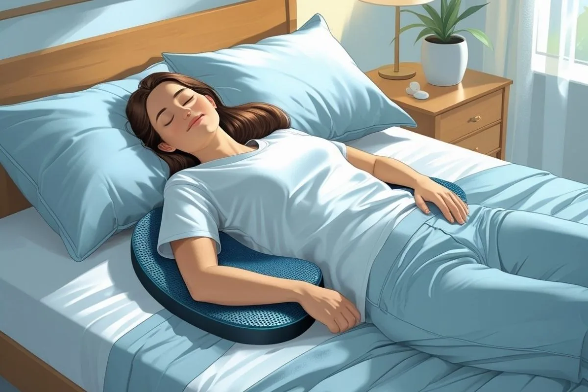 How to Sleep with Spinal Stenosis: Best Positions & Tips Person sleeping with a lumbar support cushion to reduce lower back strain caused by spinal stenosis