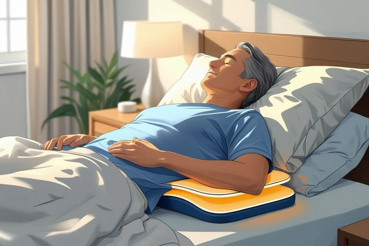 Person sleeping with a wedge pillow to keep the upper body elevated for spinal stenosis pain relief during sleep