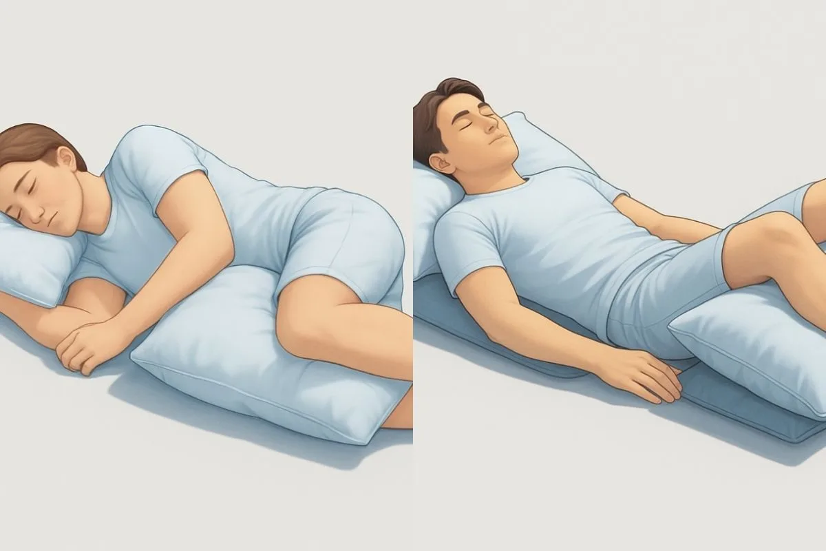 How to Sleep with Tailbone Pain: Effective Positions & Tips Comparison of side sleeping with a pillow between the knees and back sleeping with knee support for tailbone pain relief