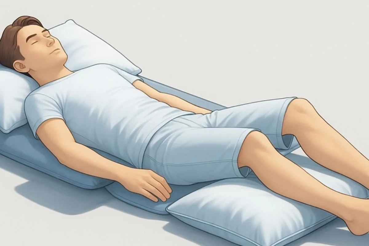 Back sleeping with a pillow under the knees to reduce pressure on the tailbone and improve spinal alignment