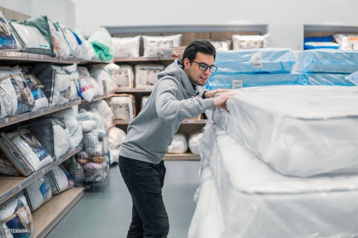 How to Store a Latex Hybrid Mattress Safely? A man in a store storing a mattress flat.