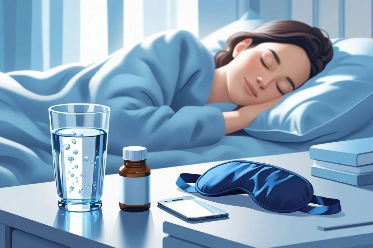Hydration and Sleep: Can Dehydration Affect Your Sleep? Bedside water, sleep mask, and nighttime essentials highlighting hydration habits that may improve sleep and overnight recovery