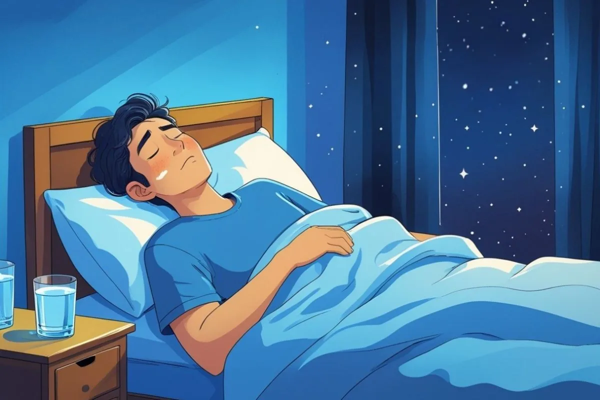 Hydration and Sleep: Can Dehydration Affect Your Sleep? Person resting in bed with water on the nightstand illustrating the connection between hydration and uninterrupted sleep