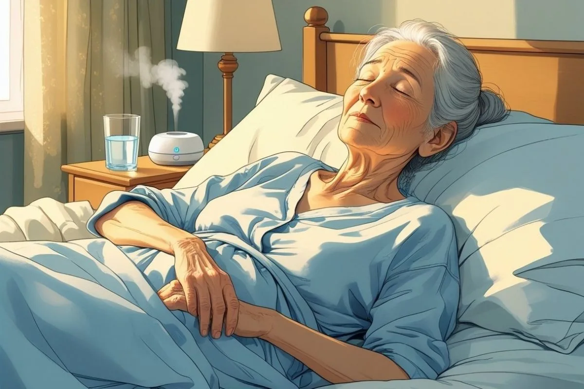 Hydration and Sleep: Can Dehydration Affect Your Sleep? Older adult sleeping comfortably with a humidifier and water showing hydration strategies that support restful sleep with age