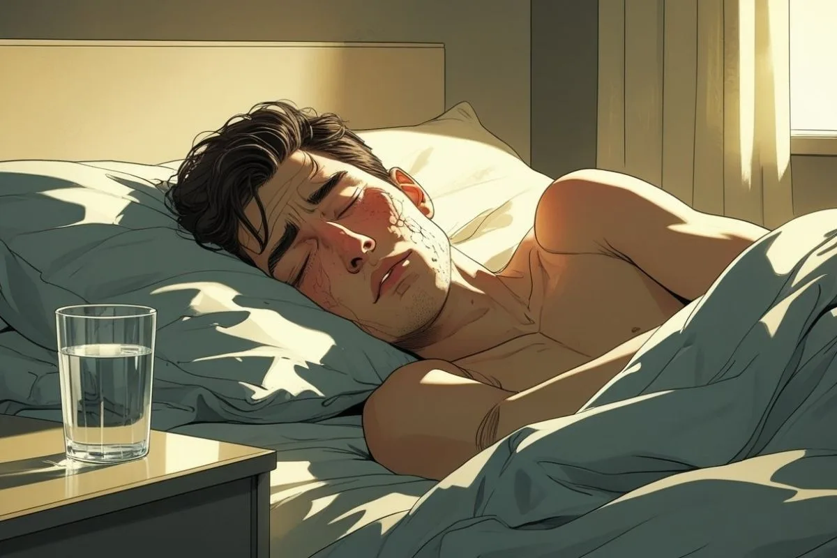 Hydration and Sleep: Can Dehydration Affect Your Sleep? Person sleeping while showing signs of dehydration to illustrate how fluid loss may contribute to poor sleep and nighttime discomfort