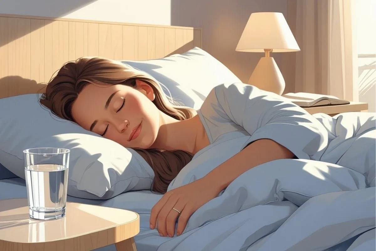 Hydration and Sleep: Can Dehydration Affect Your Sleep? Well-hydrated sleeper with a glass of water beside the bed demonstrating healthy hydration habits for better sleep