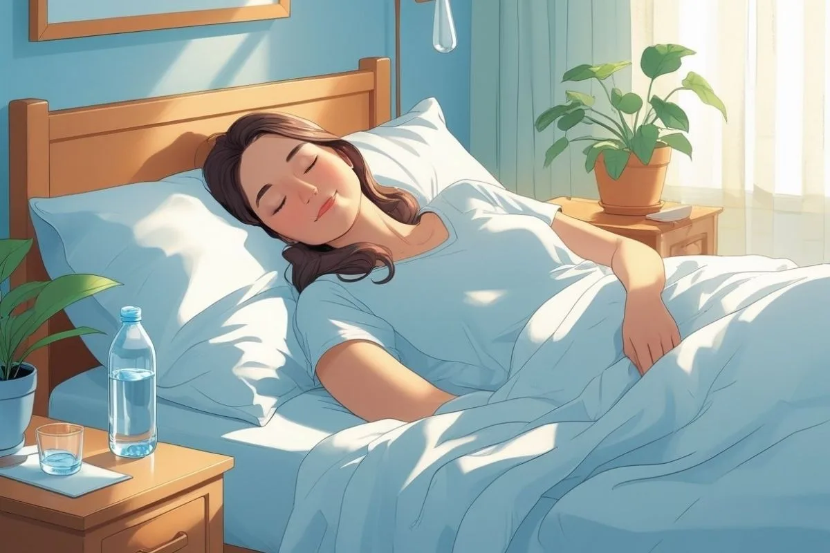 Person sleeping peacefully with a glass of water nearby illustrating how proper hydration supports healthy sleep quality