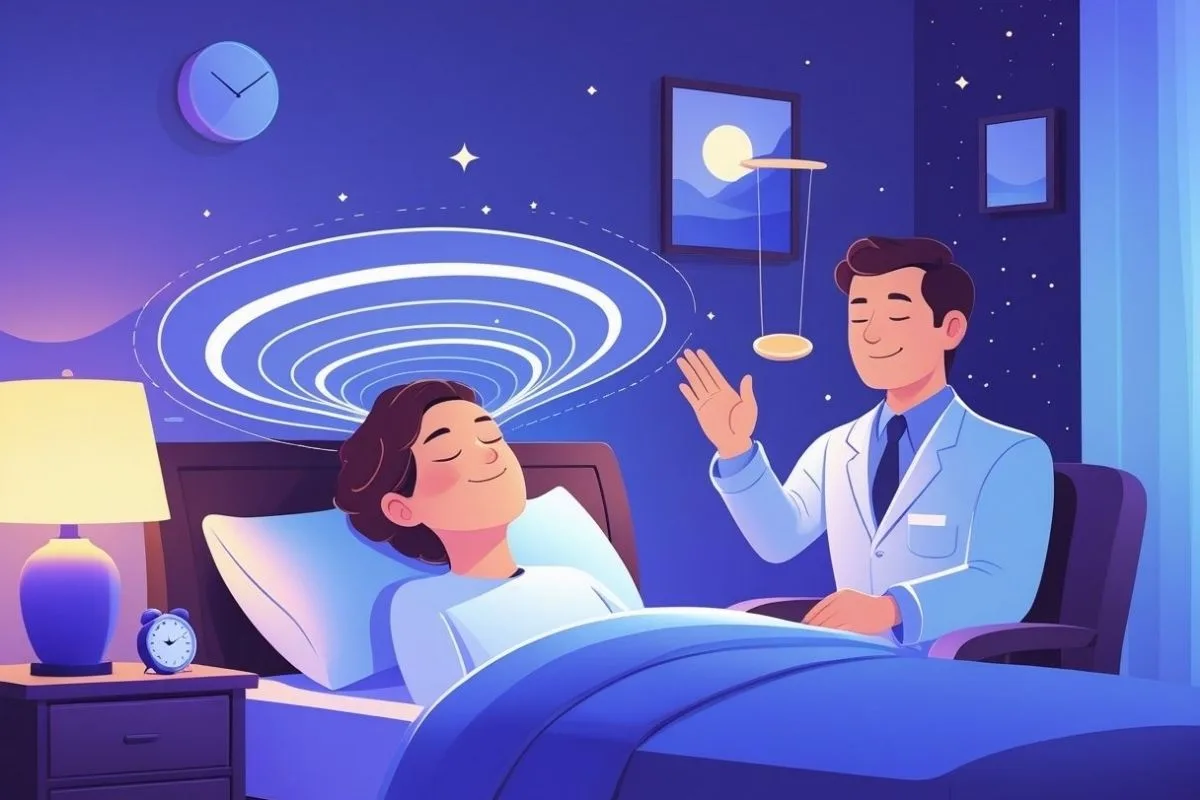Hypnosis for Sleep: Does it Really Work? Illustration of guided hypnosis helping calm the mind before falling asleep