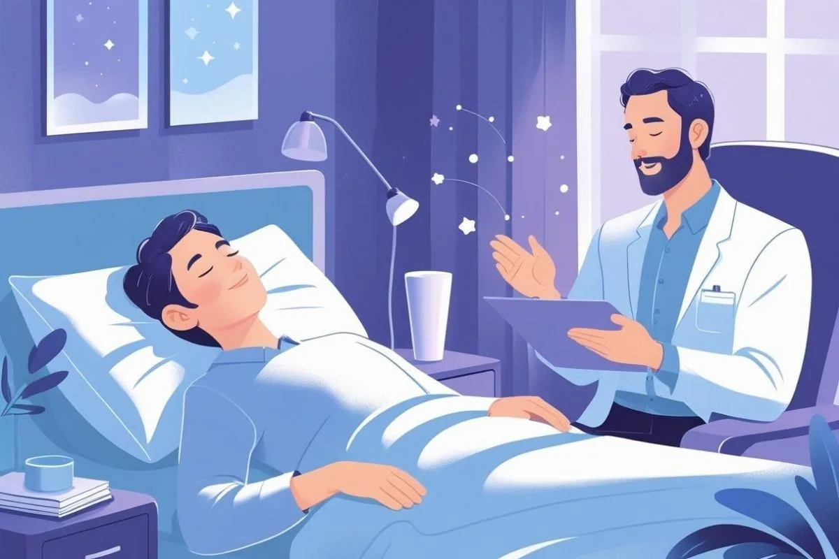 Sleep specialist guiding a patient through hypnosis for better sleep and relaxation